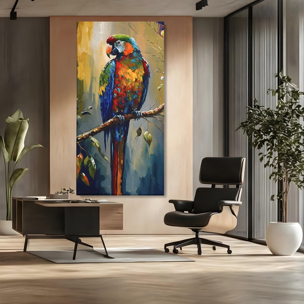 Tablou canvas cu tablou canvas cu papagal colorat, fara rama, pe sasiu de lemn, pe perete intr-un birou